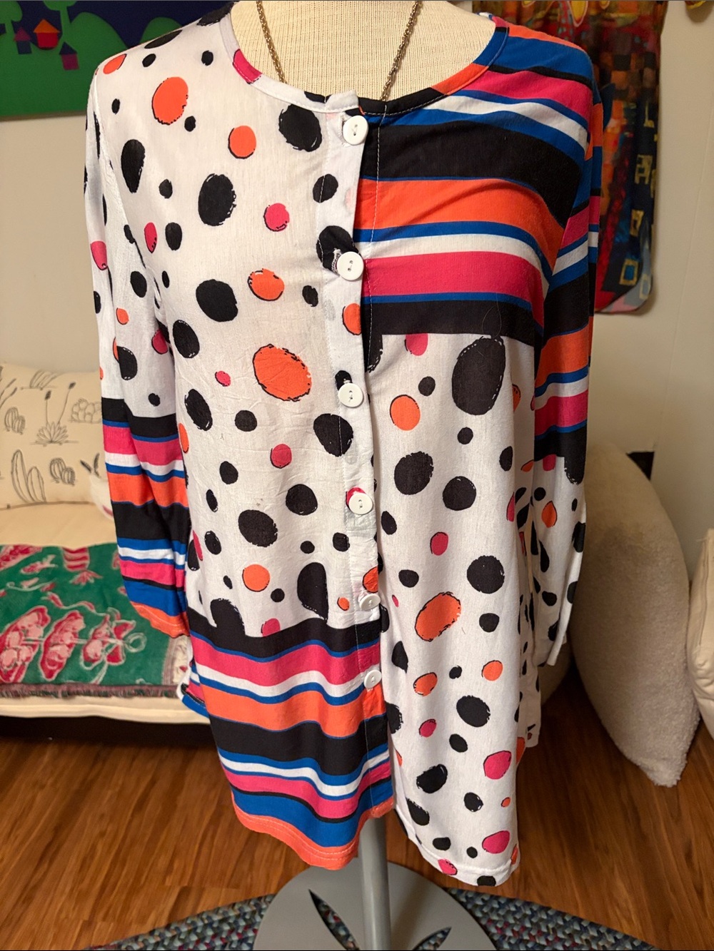 Women's Long-Sleeve Mixed Print Tunic - White with Black, Orange & Pink Accents